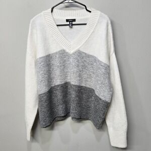 Aqua Pullover V Neck Sweater Large Color Block Stripe Fuzzy Relaxed Slouchy Cozy